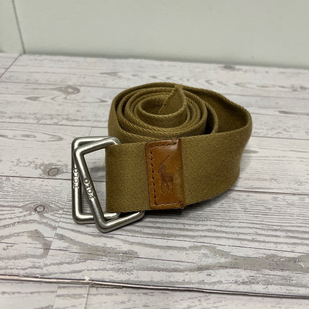 Polo Ralph Lauren Mens Khaki Cotton Webbing D-Ring Belt Tan Pony 45 Inch